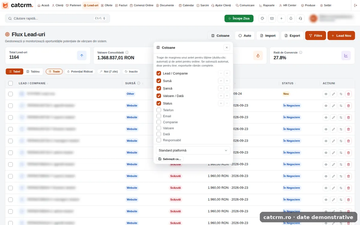 Customisable columns — CAT CRM interface (demo data)