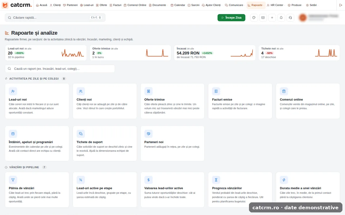 Decizii pe date, nu pe impresii — interfața CAT CRM (date demonstrative)