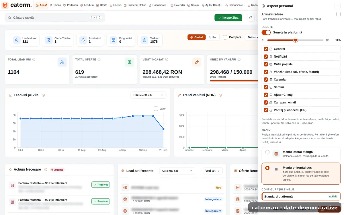 Sounds and notifications — CAT CRM interface (demo data)