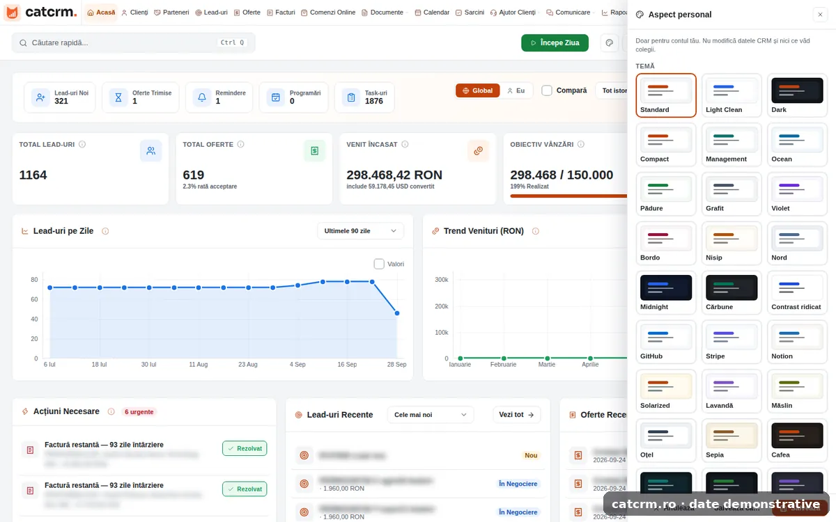 28 themes — CAT CRM interface (demo data)